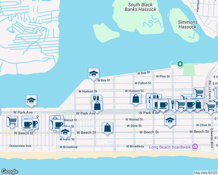 map of restaurants, bars, coffee shops, grocery stores, and more near 565 Washington Boulevard in Long Beach
