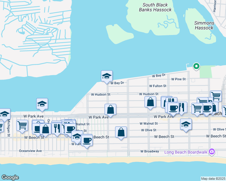 map of restaurants, bars, coffee shops, grocery stores, and more near 544 West Fulton Street in Long Beach