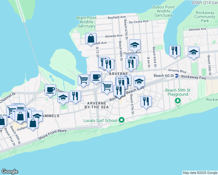 map of restaurants, bars, coffee shops, grocery stores, and more near 325 Beach 69th Street in Queens