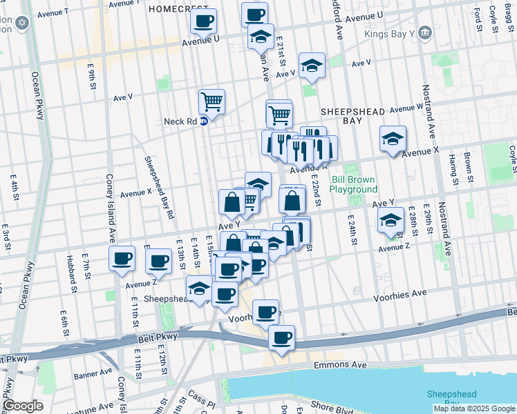 map of restaurants, bars, coffee shops, grocery stores, and more near 2434 East 19th Street in Brooklyn