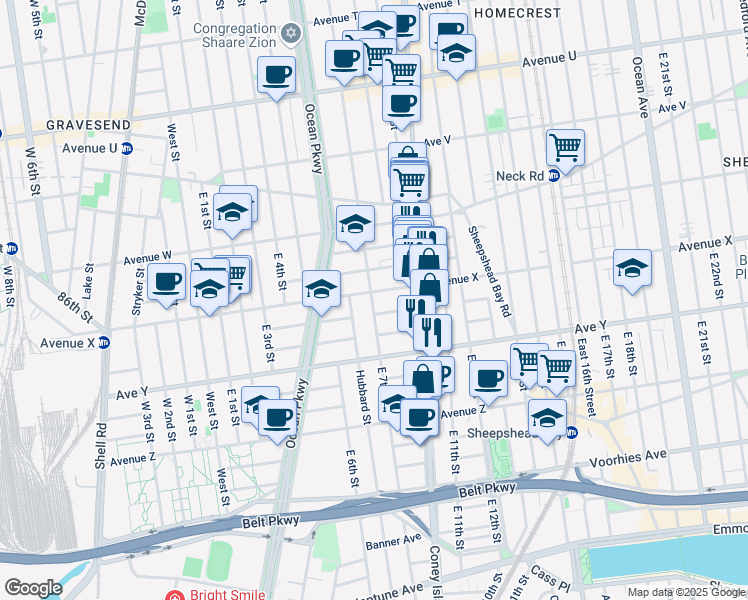 map of restaurants, bars, coffee shops, grocery stores, and more near 723 Avenue X in Brooklyn