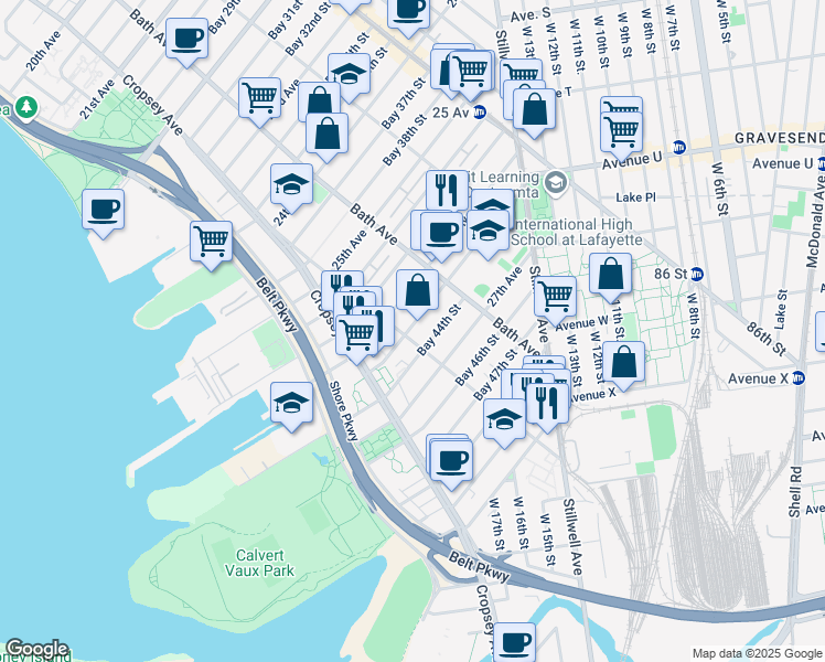 map of restaurants, bars, coffee shops, grocery stores, and more near 195 Bay 43rd Street in Brooklyn