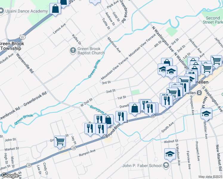 map of restaurants, bars, coffee shops, grocery stores, and more near 740 2nd Street in Dunellen