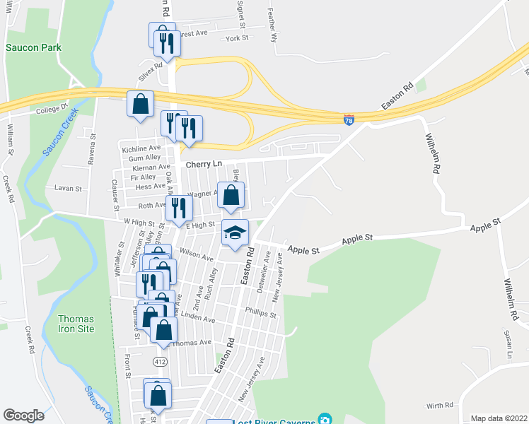 map of restaurants, bars, coffee shops, grocery stores, and more near 300 Stonewood Lane in Hellertown