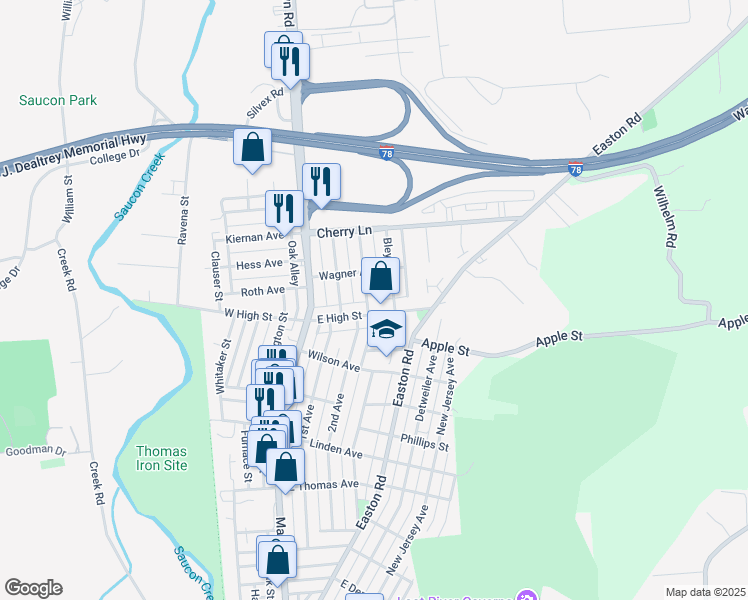 map of restaurants, bars, coffee shops, grocery stores, and more near 1541 Riegel Street in Hellertown