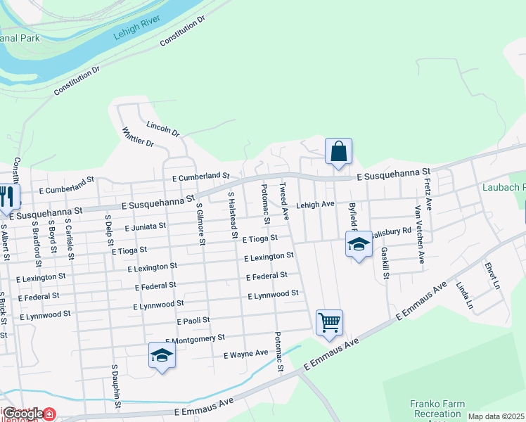 map of restaurants, bars, coffee shops, grocery stores, and more near 1240 Potomac Street in Allentown