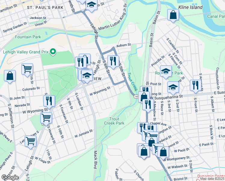 map of restaurants, bars, coffee shops, grocery stores, and more near in Allentown