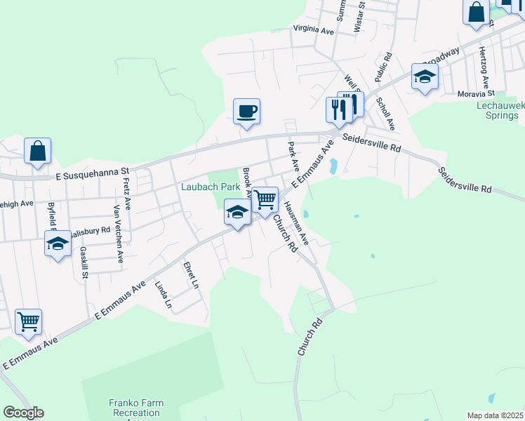 map of restaurants, bars, coffee shops, grocery stores, and more near 1651 East Emmaus Avenue in Allentown