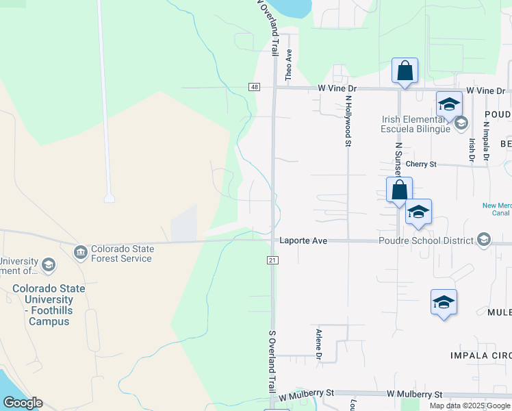 map of restaurants, bars, coffee shops, grocery stores, and more near 224 High Place in Fort Collins