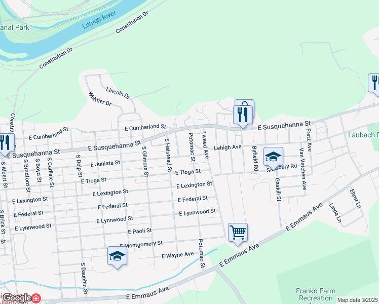 map of restaurants, bars, coffee shops, grocery stores, and more near 1240 Potomac Street in Allentown