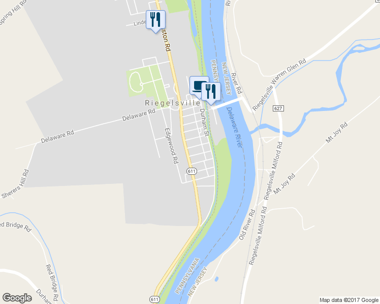 map of restaurants, bars, coffee shops, grocery stores, and more near 136 Sycamore Road in Riegelsville