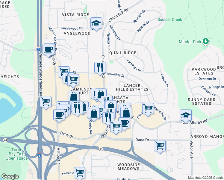 map of restaurants, bars, coffee shops, grocery stores, and more near 1155 Brandon Court in Redding