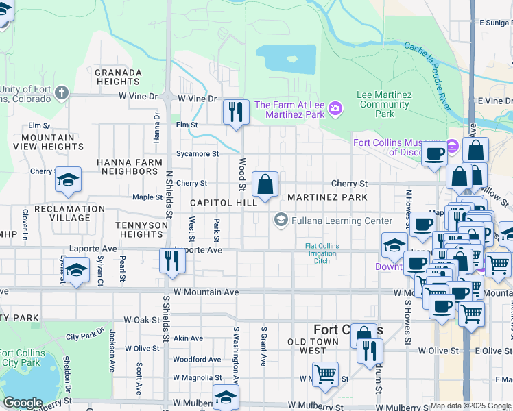 map of restaurants, bars, coffee shops, grocery stores, and more near 307 North Grant Avenue in Fort Collins