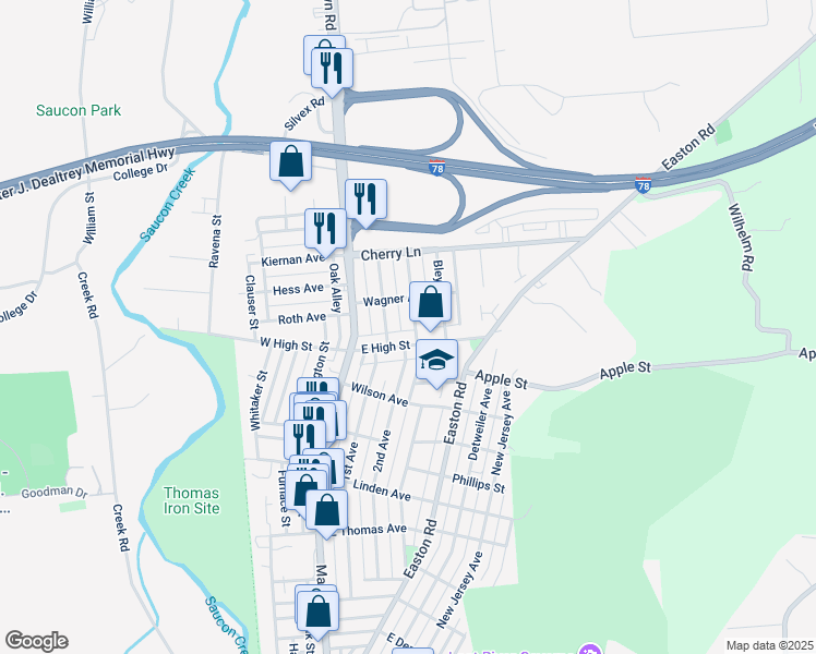 map of restaurants, bars, coffee shops, grocery stores, and more near 1536 Riegel Street in Hellertown