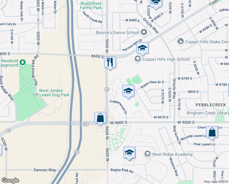 map of restaurants, bars, coffee shops, grocery stores, and more near 5551 Geronimo Way in West Jordan