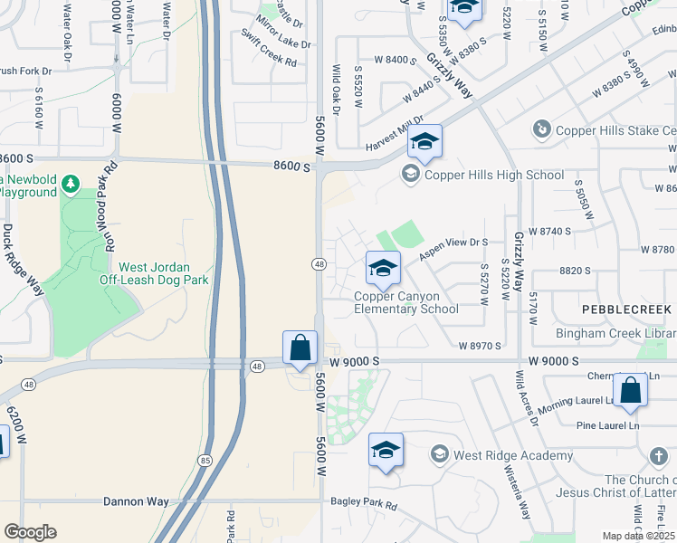 map of restaurants, bars, coffee shops, grocery stores, and more near 5561 Geronimo Way in West Jordan