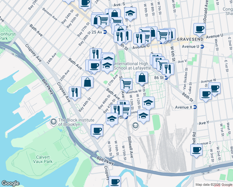 map of restaurants, bars, coffee shops, grocery stores, and more near 2282 Stillwell Avenue in Brooklyn