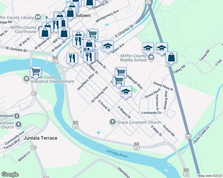map of restaurants, bars, coffee shops, grocery stores, and more near 506 South Main Street in Lewistown
