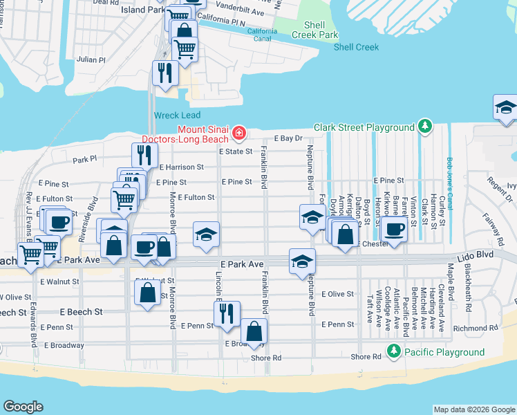map of restaurants, bars, coffee shops, grocery stores, and more near 571 Franklin Boulevard in Long Beach