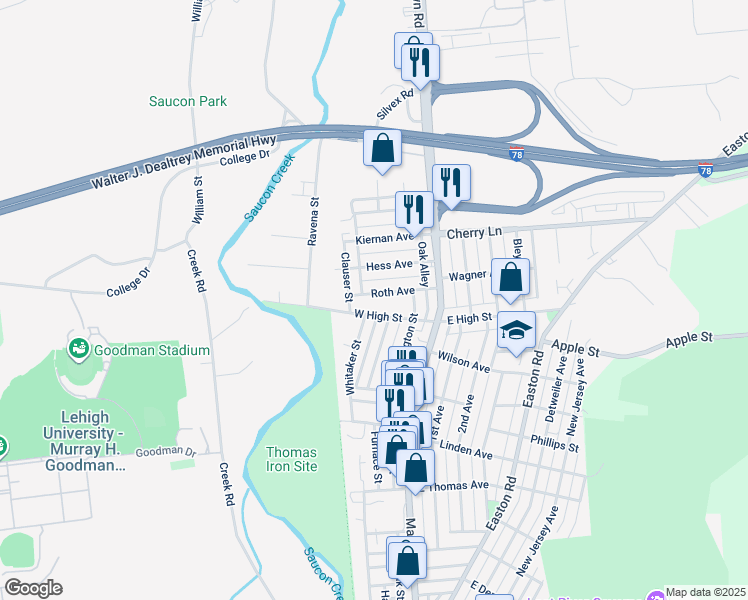map of restaurants, bars, coffee shops, grocery stores, and more near 185 Roth Avenue in Hellertown
