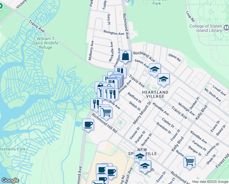 map of restaurants, bars, coffee shops, grocery stores, and more near 2275 Richmond Avenue in Staten Island