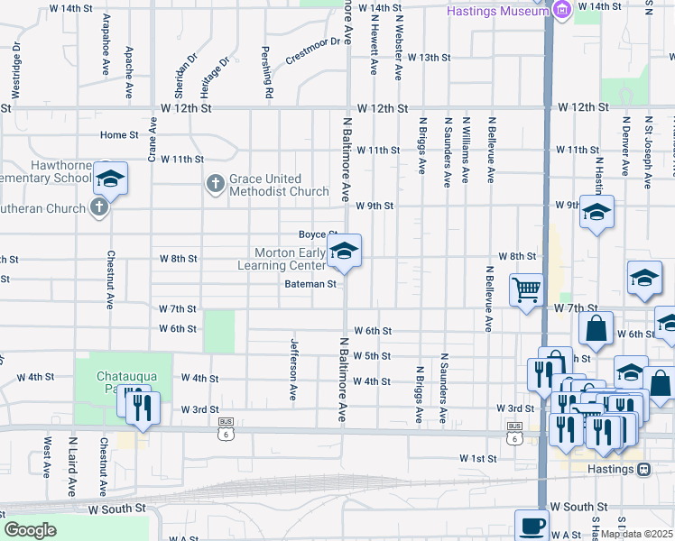 map of restaurants, bars, coffee shops, grocery stores, and more near 731 North Baltimore Avenue in Hastings