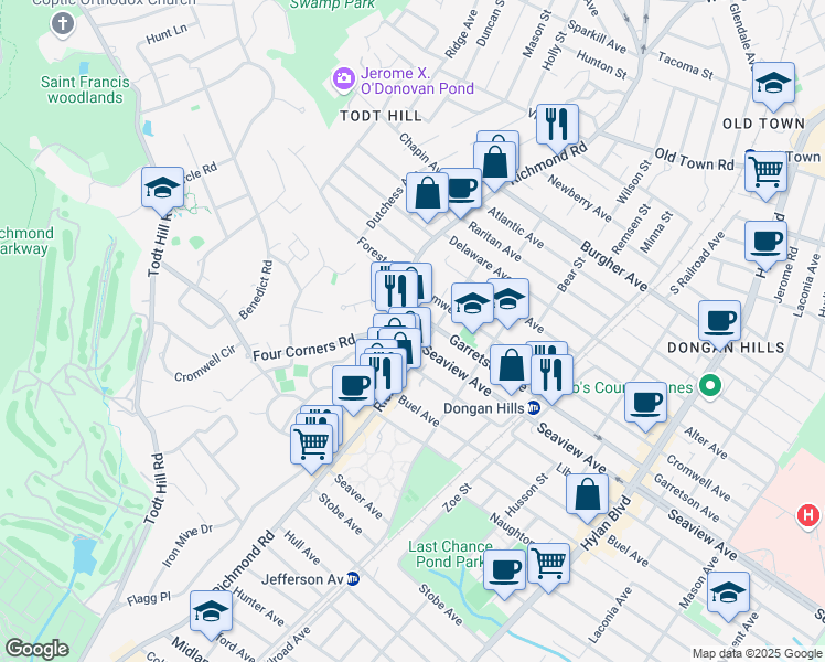 map of restaurants, bars, coffee shops, grocery stores, and more near 25 Garretson Avenue in Staten Island
