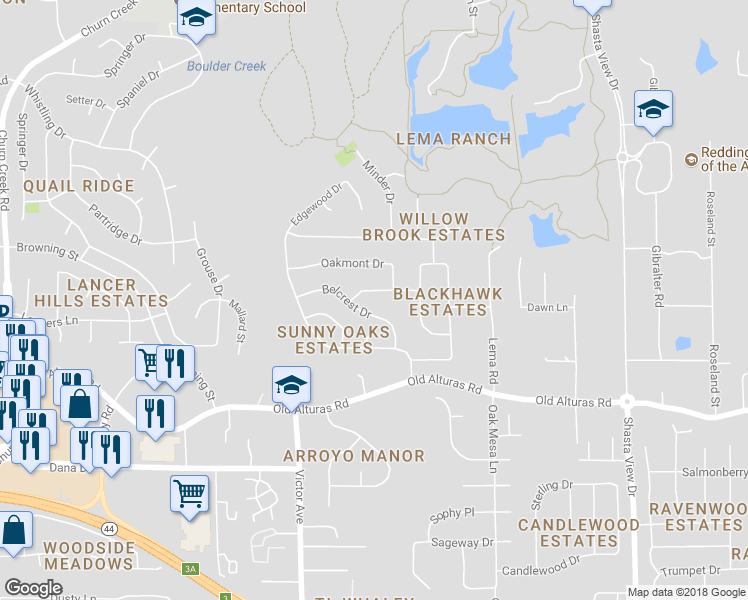 map of restaurants, bars, coffee shops, grocery stores, and more near 1951 South Ridge Drive in Redding