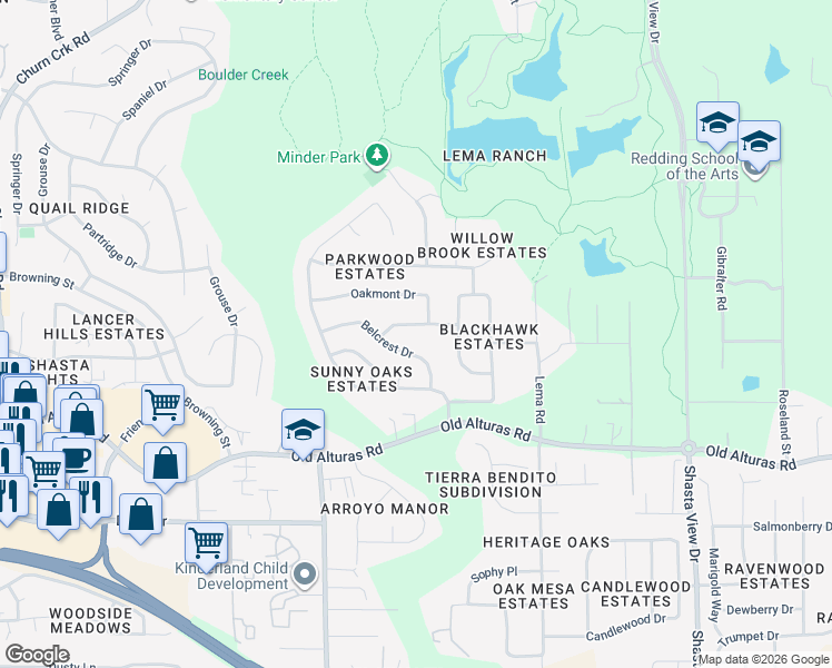 map of restaurants, bars, coffee shops, grocery stores, and more near 1951 South Ridge Drive in Redding
