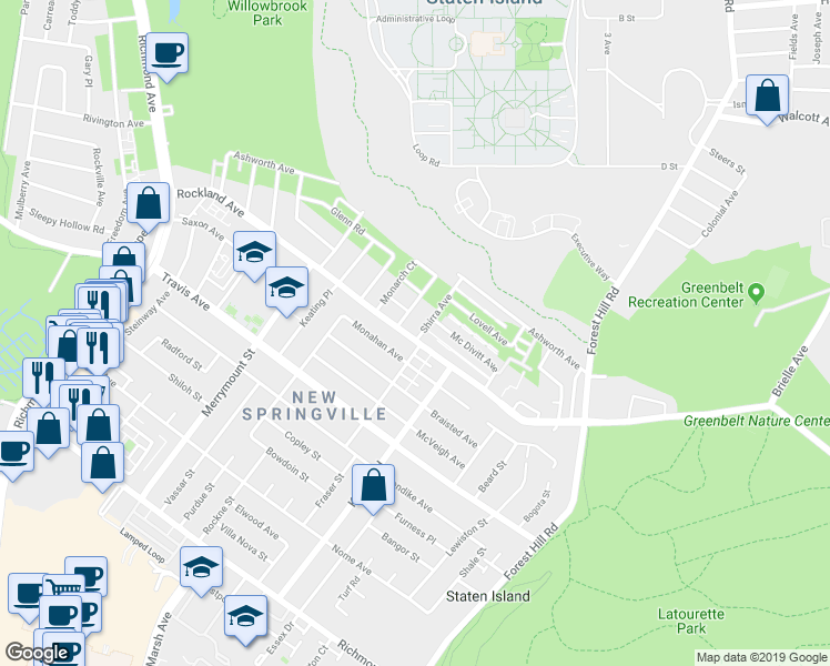 map of restaurants, bars, coffee shops, grocery stores, and more near 7 Shirra Avenue in Staten Island