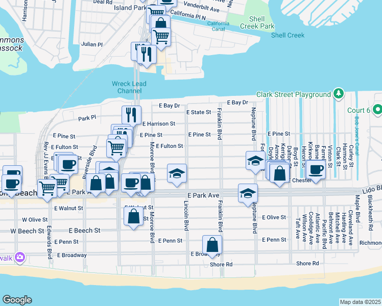 map of restaurants, bars, coffee shops, grocery stores, and more near 428 East Fulton Street in Long Beach