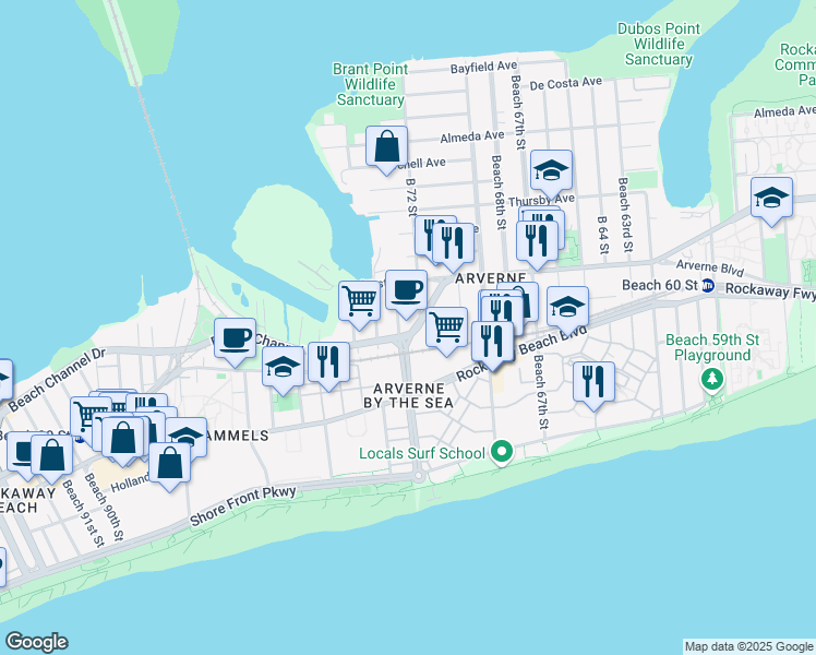 map of restaurants, bars, coffee shops, grocery stores, and more near 321 Beach 73rd Street in Queens