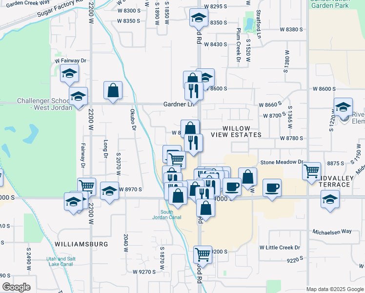 map of restaurants, bars, coffee shops, grocery stores, and more near 8822 South Redwood Road in West Jordan