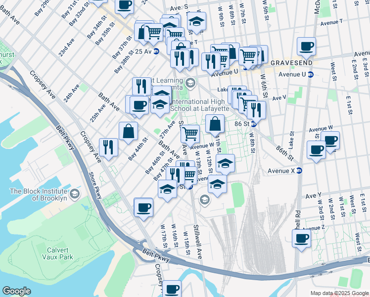 map of restaurants, bars, coffee shops, grocery stores, and more near 1 Avenue W in Brooklyn