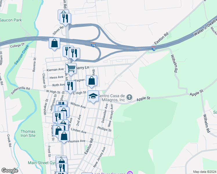 map of restaurants, bars, coffee shops, grocery stores, and more near 302 Stonewood Lane in Hellertown