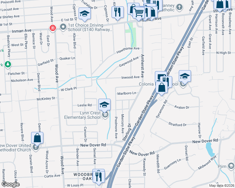 map of restaurants, bars, coffee shops, grocery stores, and more near 6 Marlboro Ln in Woodbridge Township