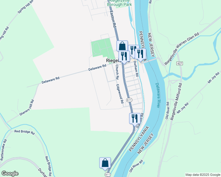 map of restaurants, bars, coffee shops, grocery stores, and more near 926 Fairmont Road in Riegelsville