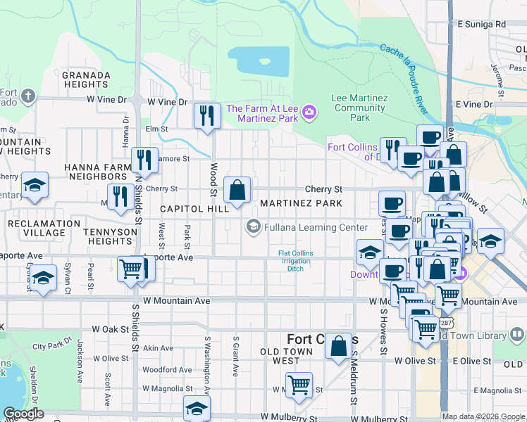 map of restaurants, bars, coffee shops, grocery stores, and more near 317 North Loomis Avenue in Fort Collins