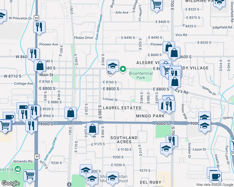 map of restaurants, bars, coffee shops, grocery stores, and more near 8831 South 400 East in Sandy