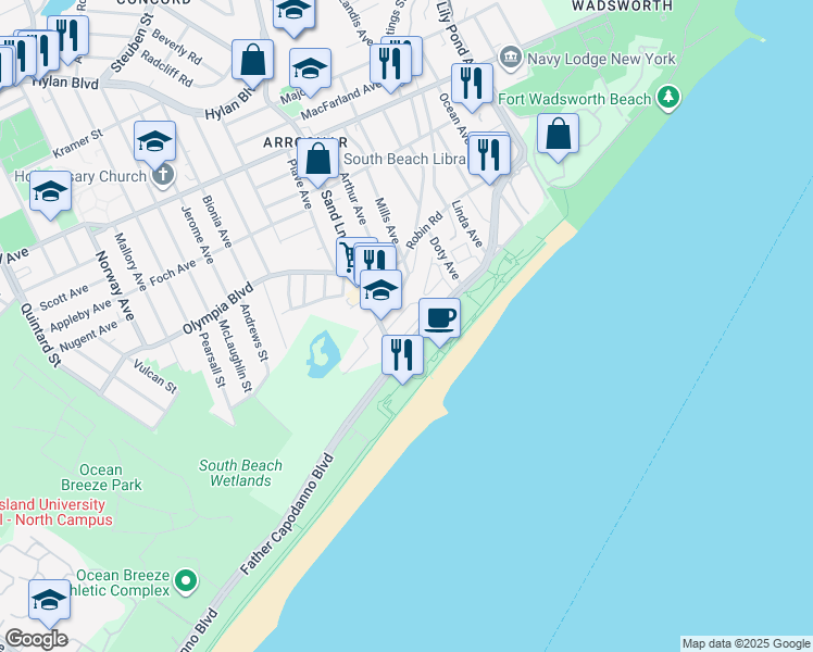 map of restaurants, bars, coffee shops, grocery stores, and more near 78 Oceanside Avenue in Staten Island