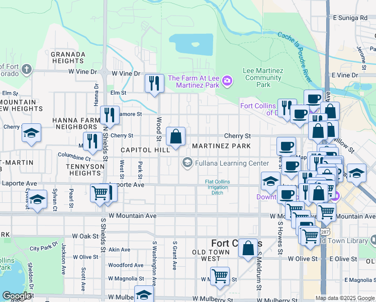 map of restaurants, bars, coffee shops, grocery stores, and more near 317 North Loomis Avenue in Fort Collins