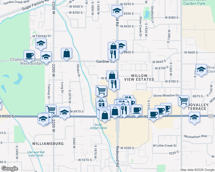 map of restaurants, bars, coffee shops, grocery stores, and more near 8822 South Redwood Road in West Jordan