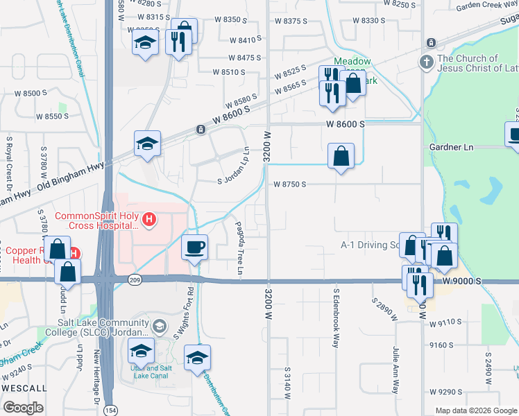 map of restaurants, bars, coffee shops, grocery stores, and more near 3218 Virginia Pine Way in West Jordan