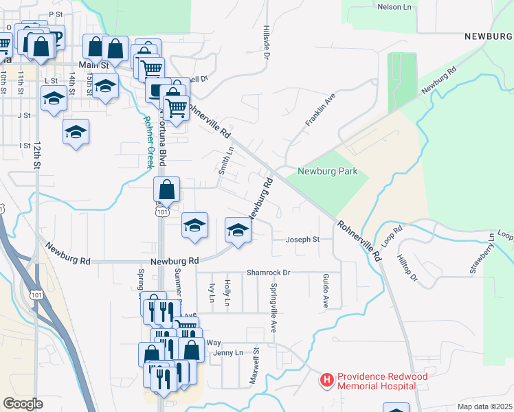 map of restaurants, bars, coffee shops, grocery stores, and more near 2435 Newburg Road in Fortuna