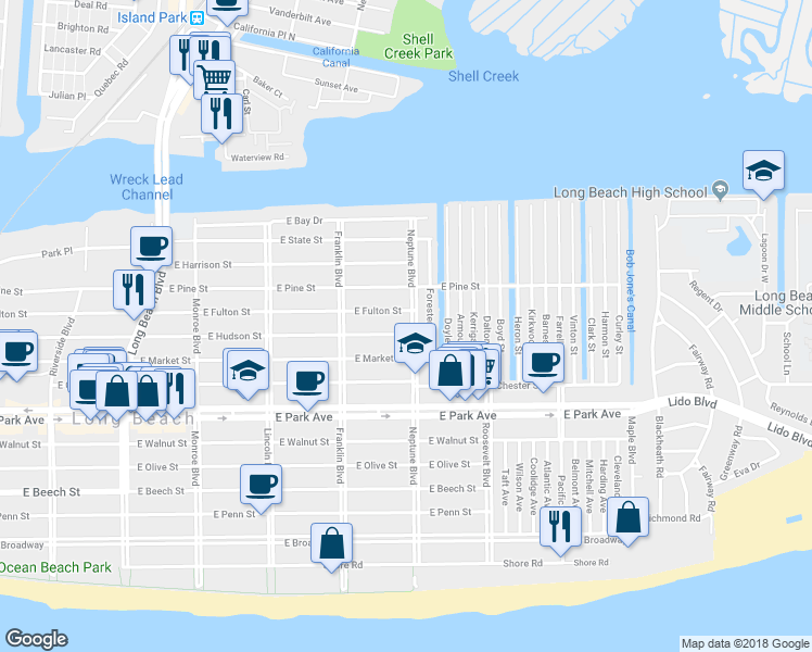map of restaurants, bars, coffee shops, grocery stores, and more near 580 East Fulton Street in Long Beach
