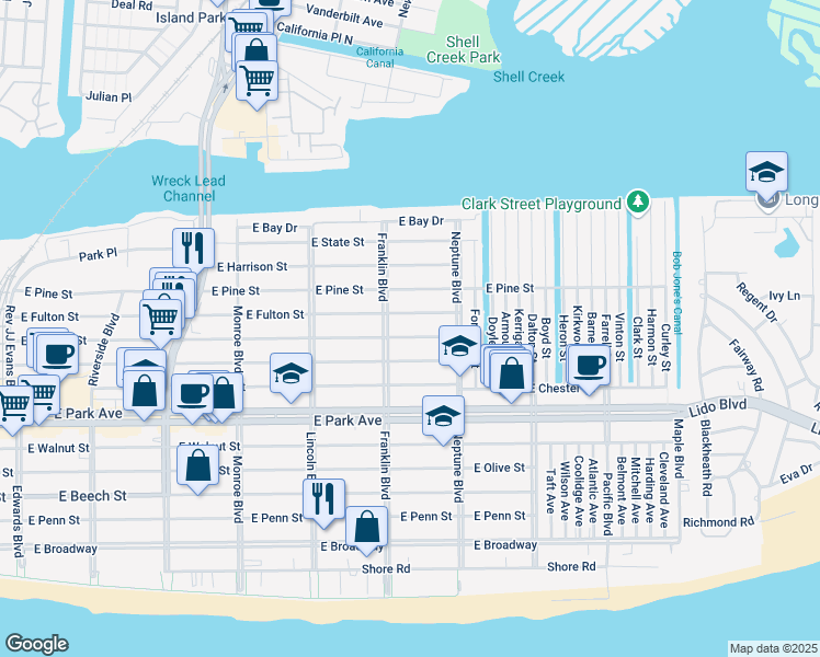 map of restaurants, bars, coffee shops, grocery stores, and more near 536 East Fulton Street in Long Beach