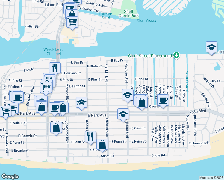map of restaurants, bars, coffee shops, grocery stores, and more near 536 East Fulton Street in Long Beach