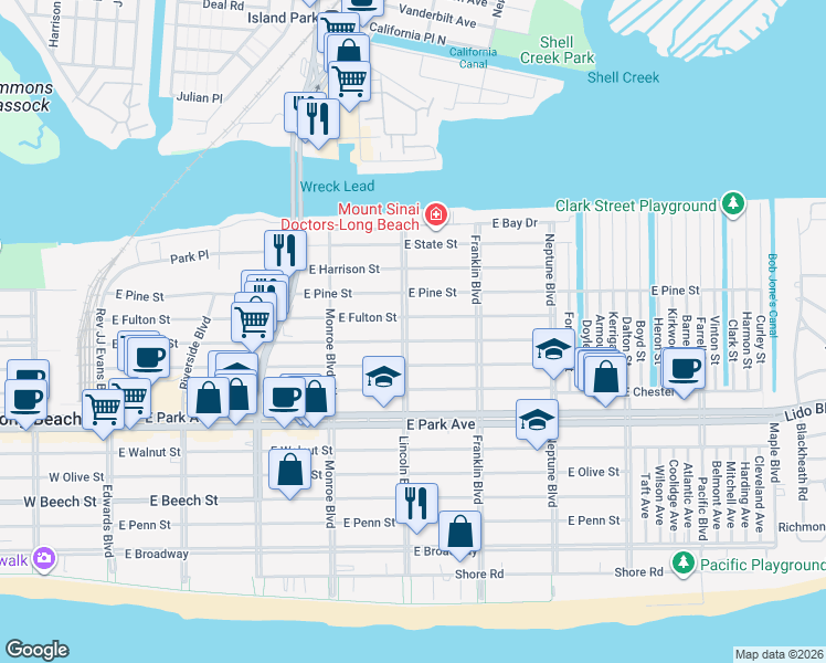 map of restaurants, bars, coffee shops, grocery stores, and more near 428 East Fulton Street in Long Beach