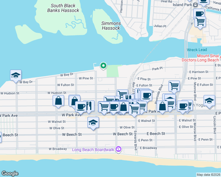 map of restaurants, bars, coffee shops, grocery stores, and more near 124 West Fulton Street in Long Beach