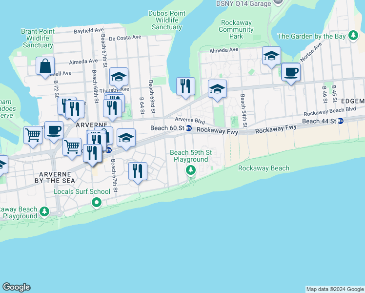map of restaurants, bars, coffee shops, grocery stores, and more near 1-84 Beach 60th Street in Queens